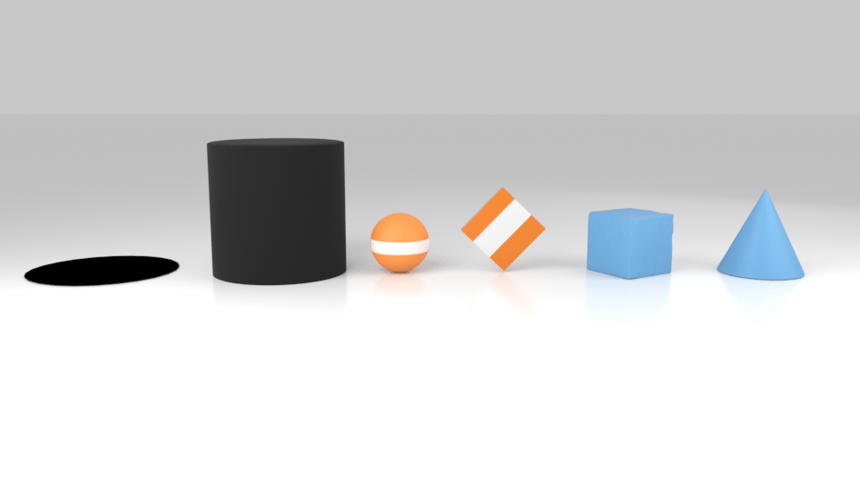 line up of characters in film. frome left to right: black circle, black cylinder, ornage and white sphere, orange and white rhombus, blue cube, bule cone.